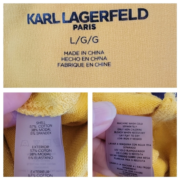 KARL LAGERFELD Paris Emoji Patch Tie Top Sz L Yellow Banded Sleeve Minimalist - Picture 11 of 12